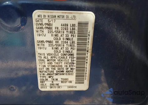 2017 Nissan Rogue Sl from USA, damaged, VIN JN8AT2MTXHW153932